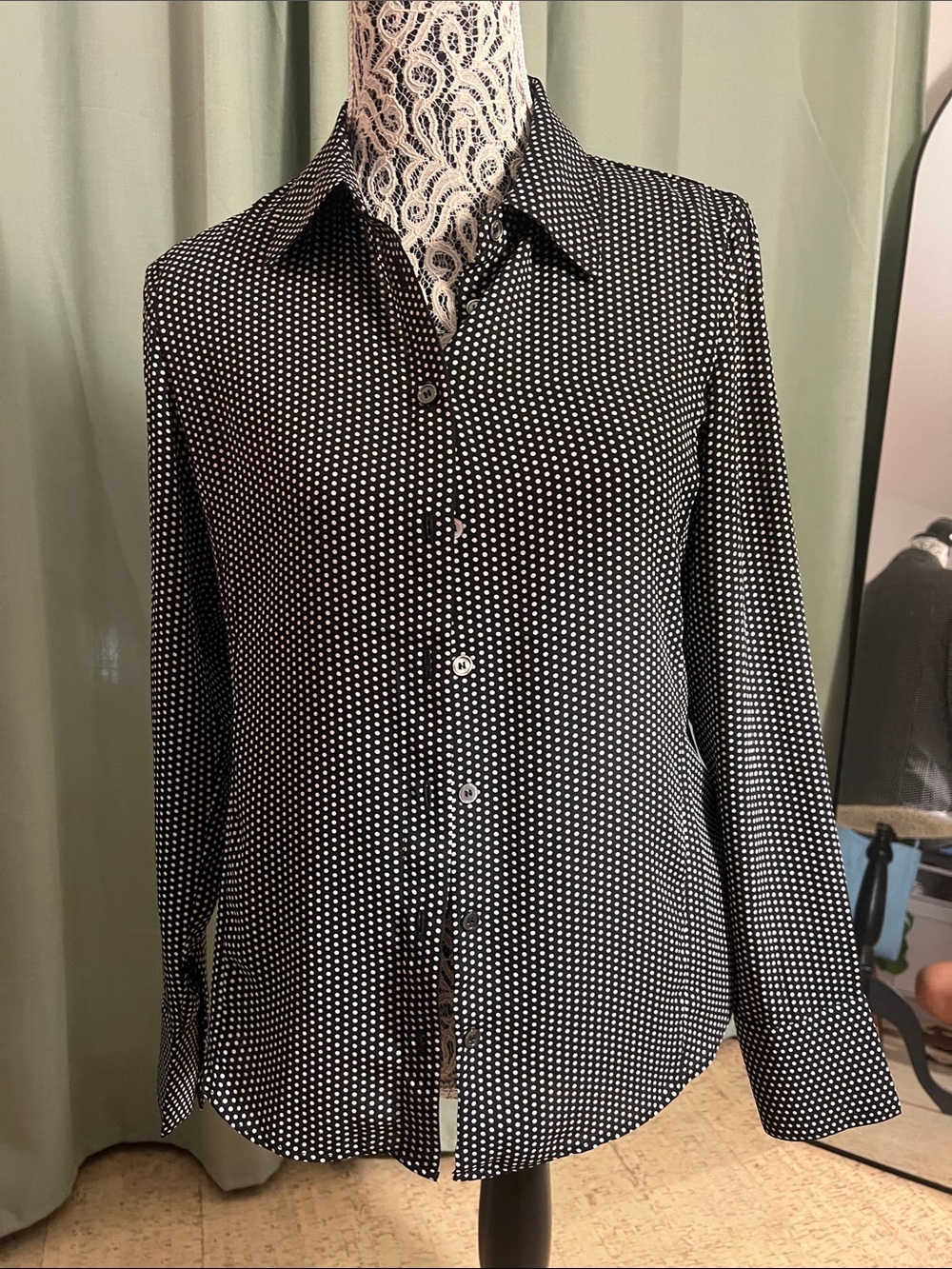 Women's Black Polka Dot Button-Down Shirt - Classic Collared Blouse